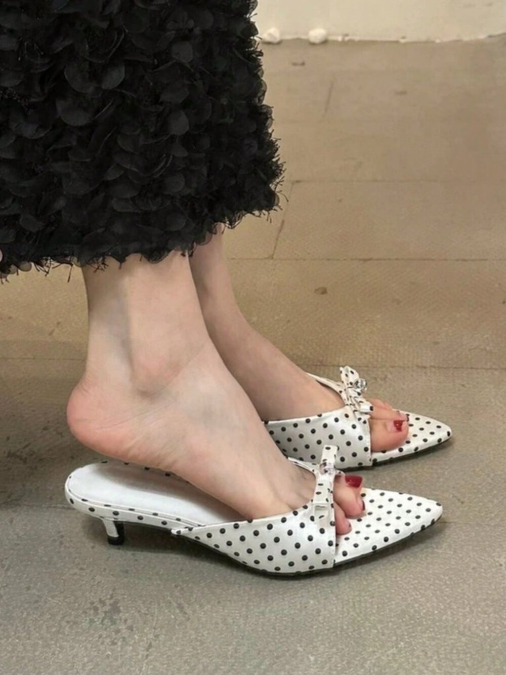 White Women's polka dot Pointed Toe Stiletto Heel Sandals - Picture 2 of 4